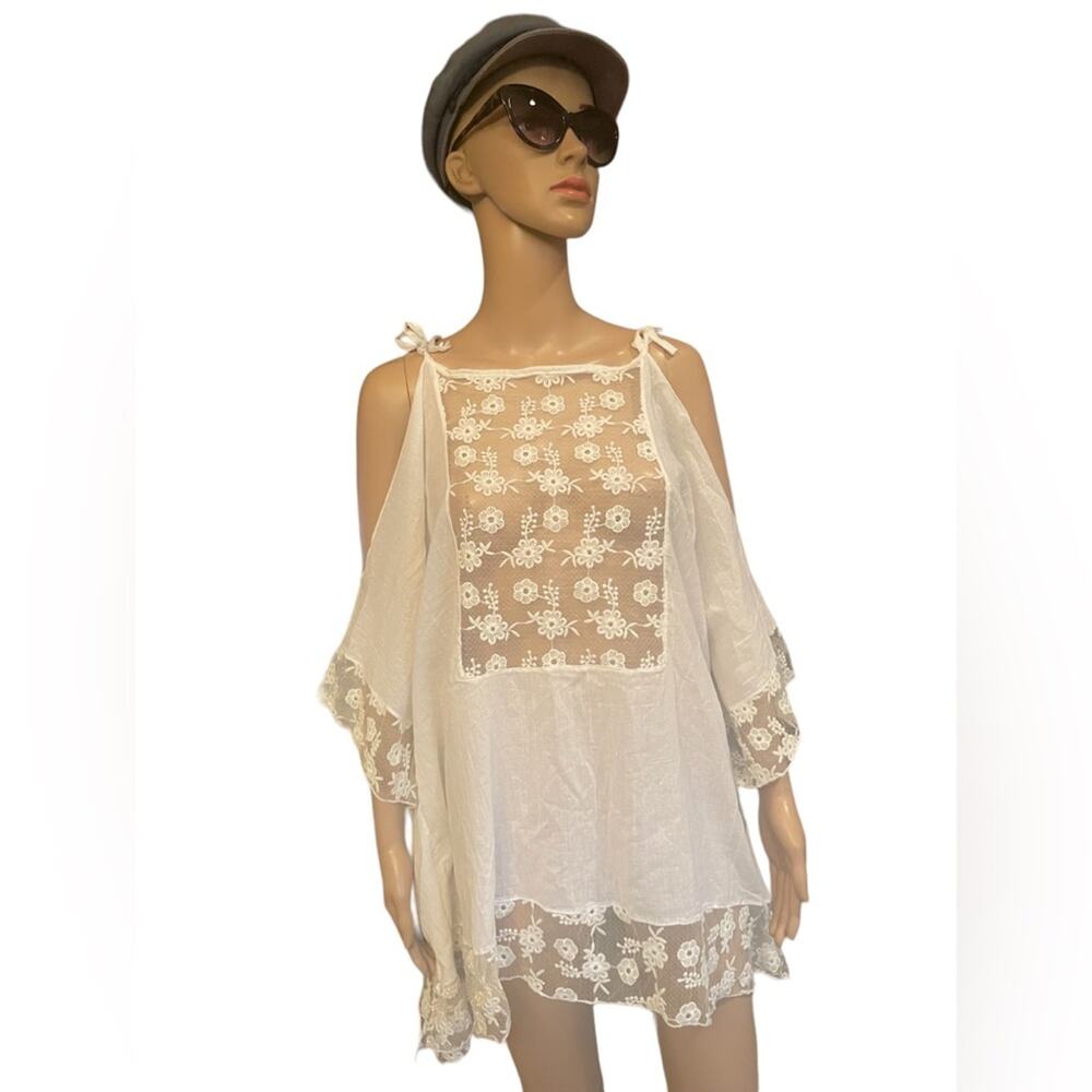 Ja Al Kaana Top Womens Large Bohemian Floral Lace Cold Shoulders Tunic White